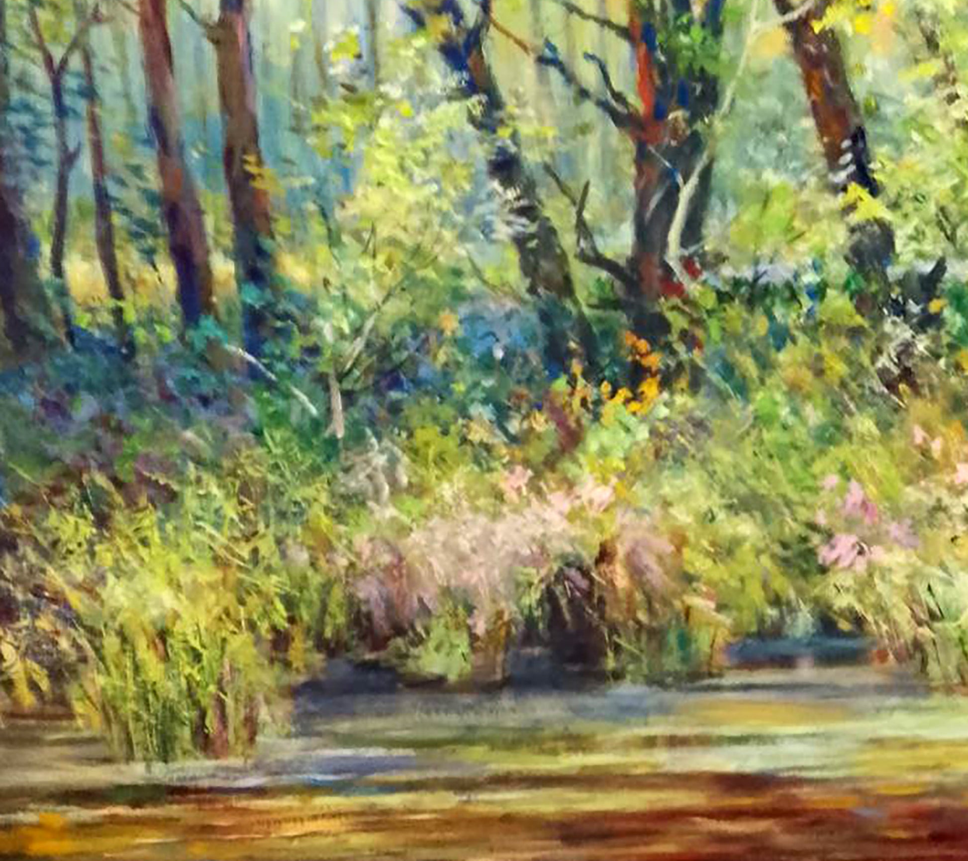 Vibrant impressionist oil painting of sunlit forest stream by Vitaly Duhnevich
