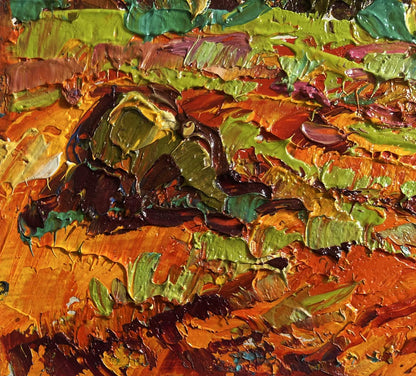 Vibrant oil painting Golden haystacks by Oleksiy Ivanyuk with orange, green, brown strokes