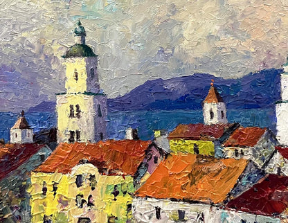 Vibrant impressionist oil painting by Serhiy Rybak overlooking main street town