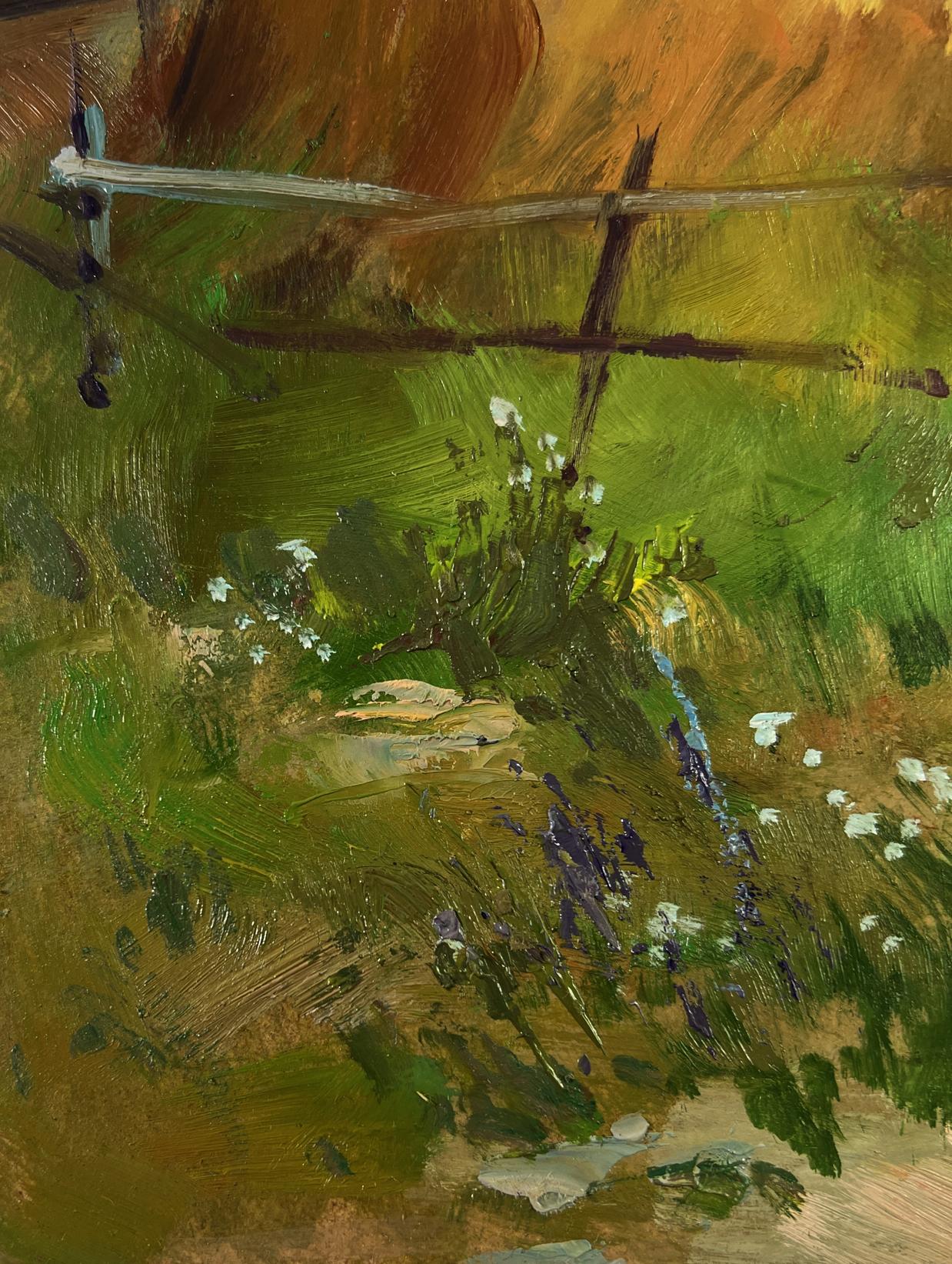 Vibrant oil painting of house on mountains with green fence and wildflowers by Yuriy Suprunchuk