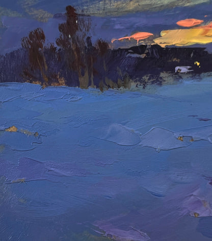 Oil painting Winter sunset by Yuriy Suprunchuk snowy dusk landscape