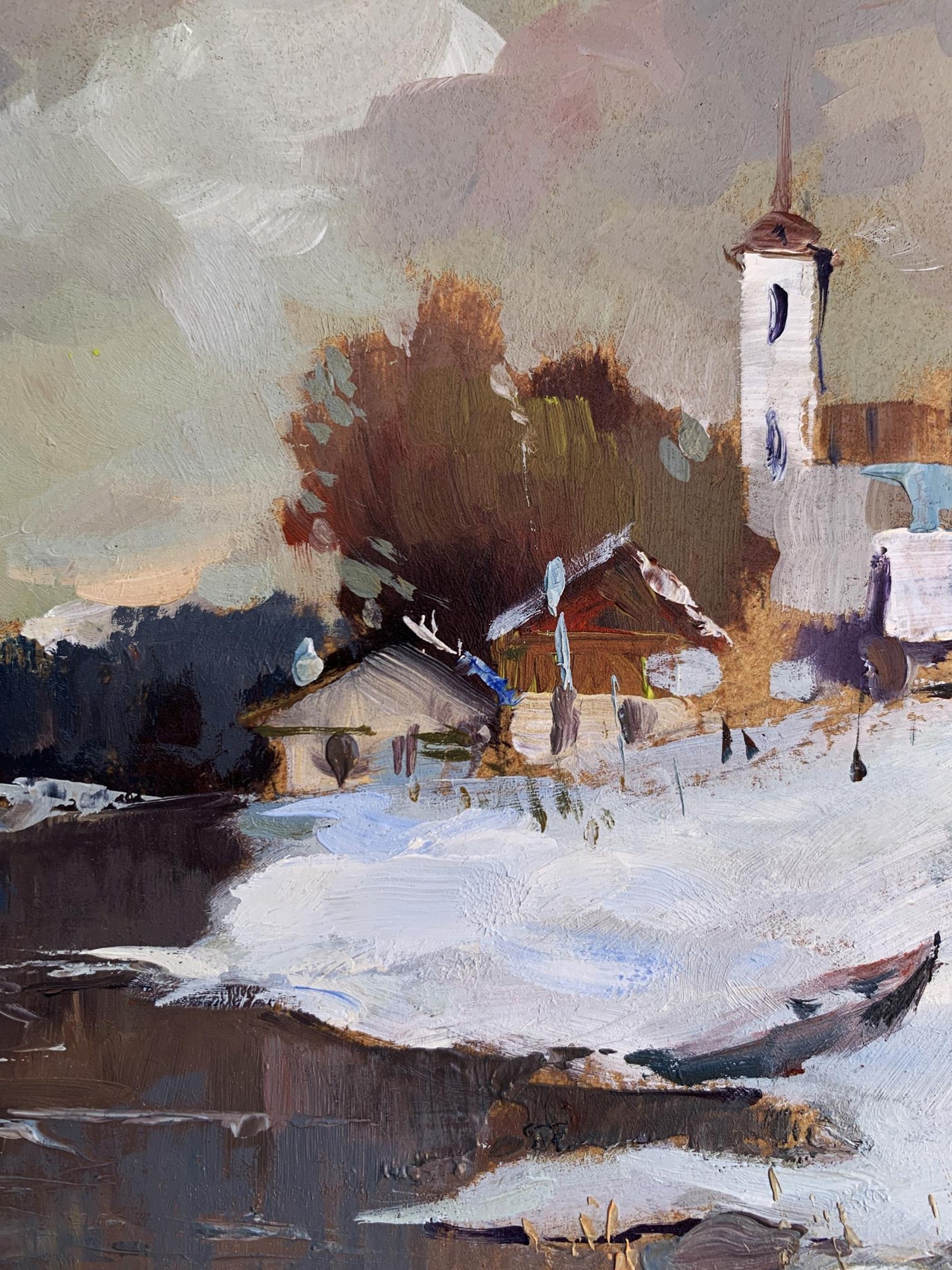 Oil painting Winter evening by Yuriy Suprunchuk snowy village scene