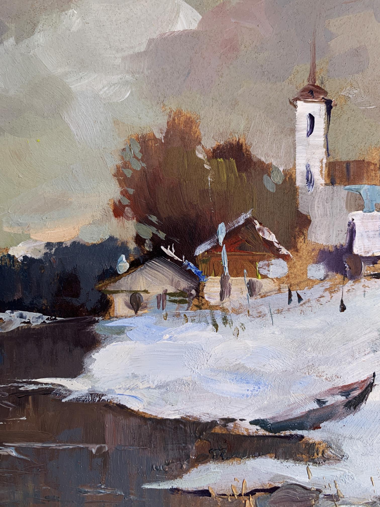 Oil painting Winter evening by Yuriy Suprunchuk snowy village scene