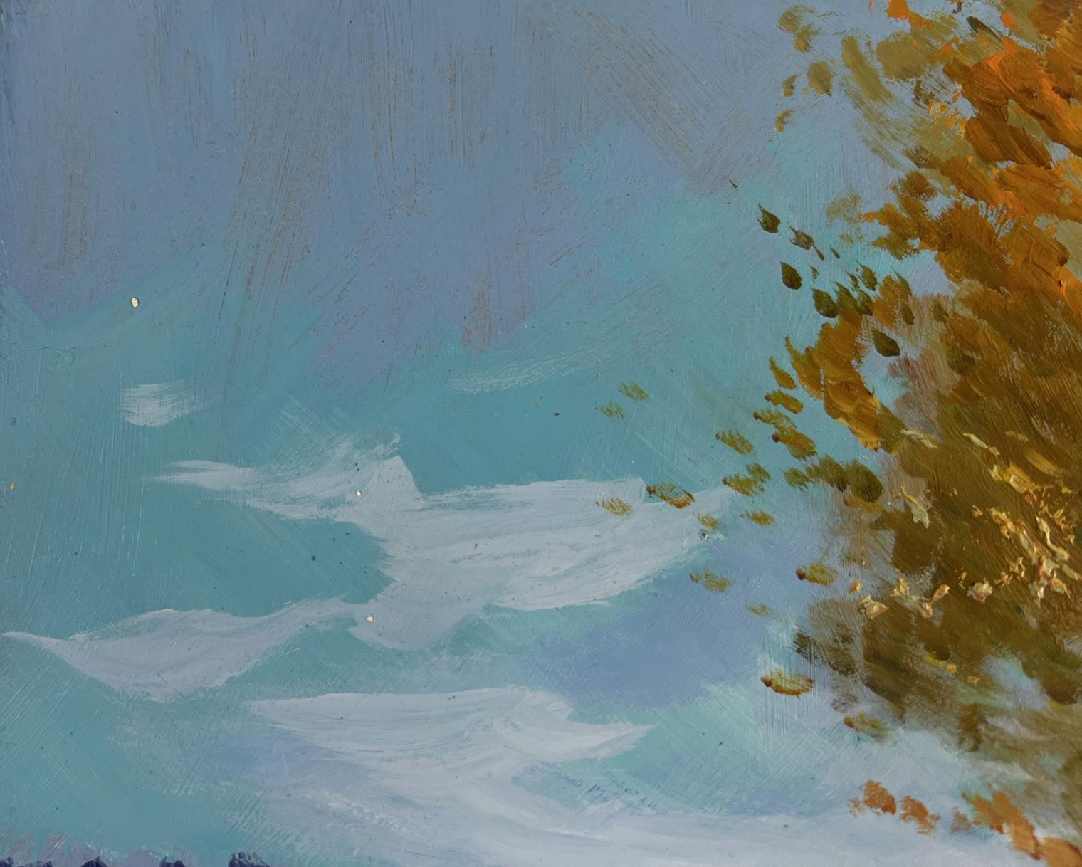 Oil painting Between water and trees by Yuriy Suprunchuk with blue clouds and golden leaves