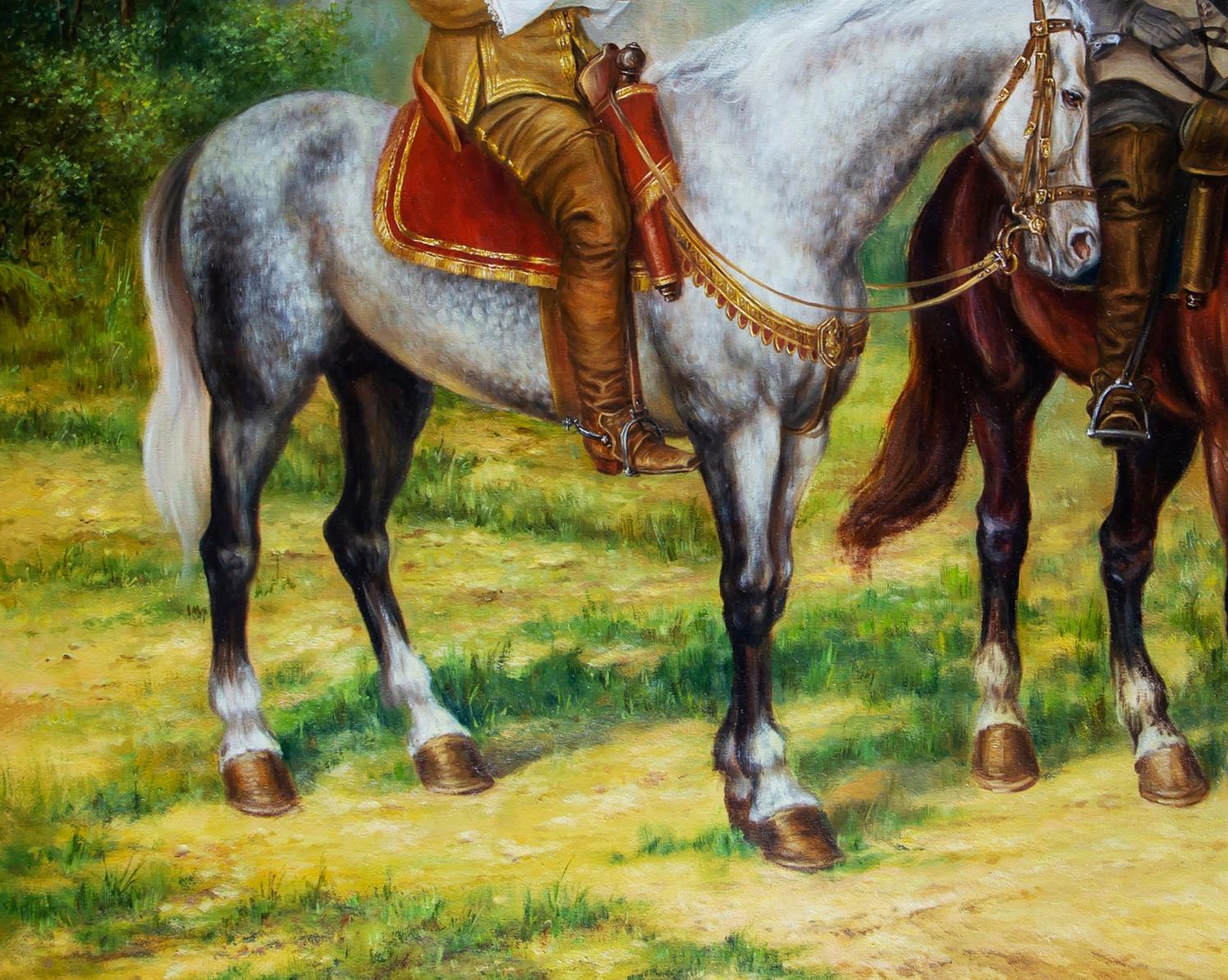 Oil painting Letter from the Queen Valeriy Bulat: dapple gray horse in ornate gold-trimmed red saddle gear