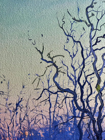 Oil painting Quiet gatherings around the fire by Tatyana Derdey with dark blue branches