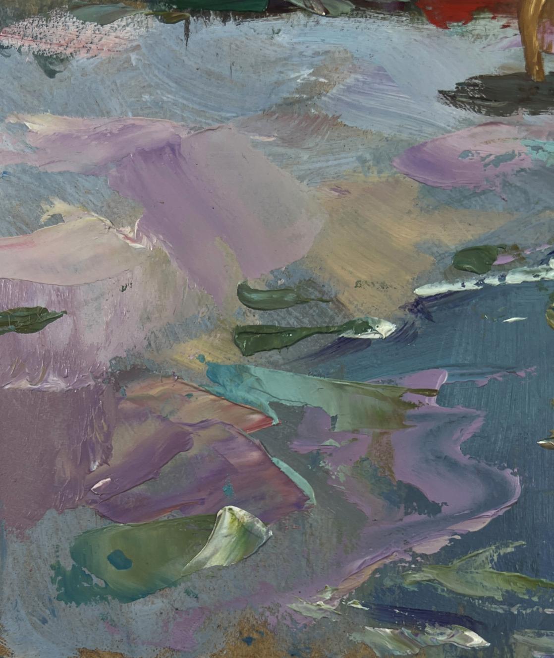 Oil painting of girls sailing in boat by Yuri Suprunchuk in lavender teal green