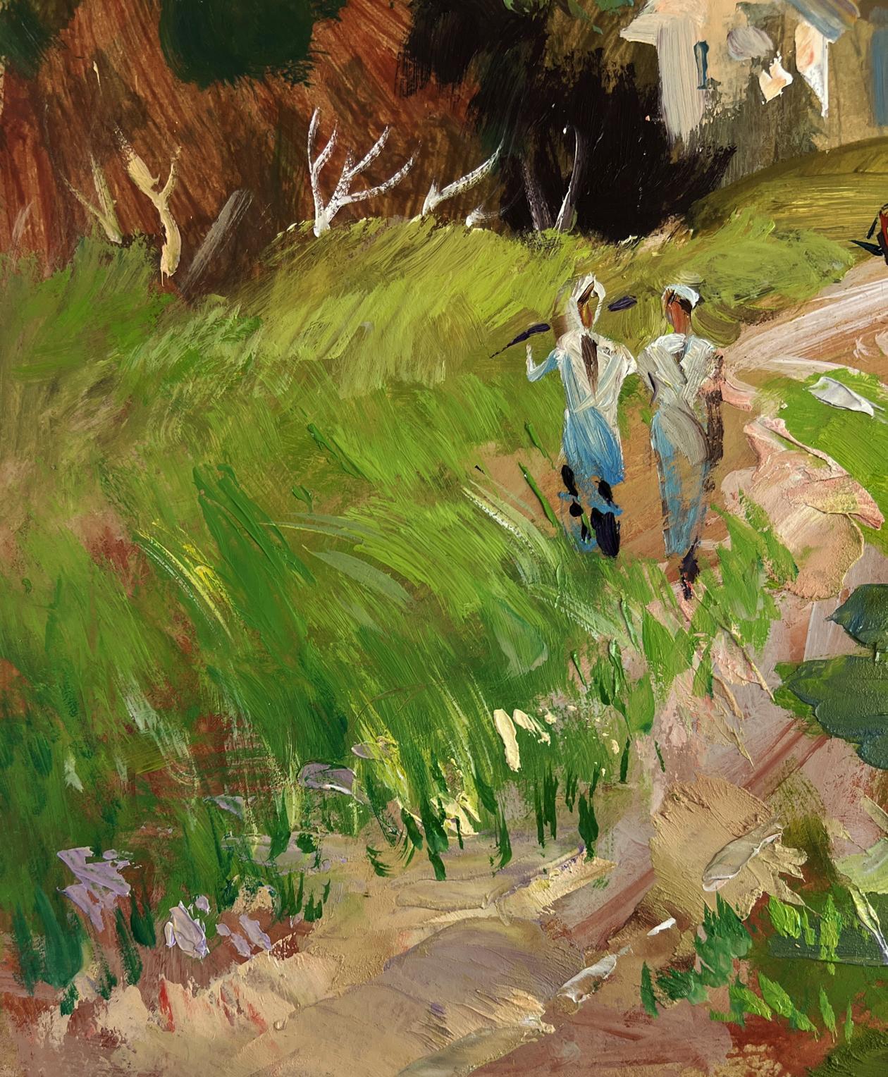 Vibrant impressionist oil painting by Yuriy Suprunchuk of walkers on dappled path