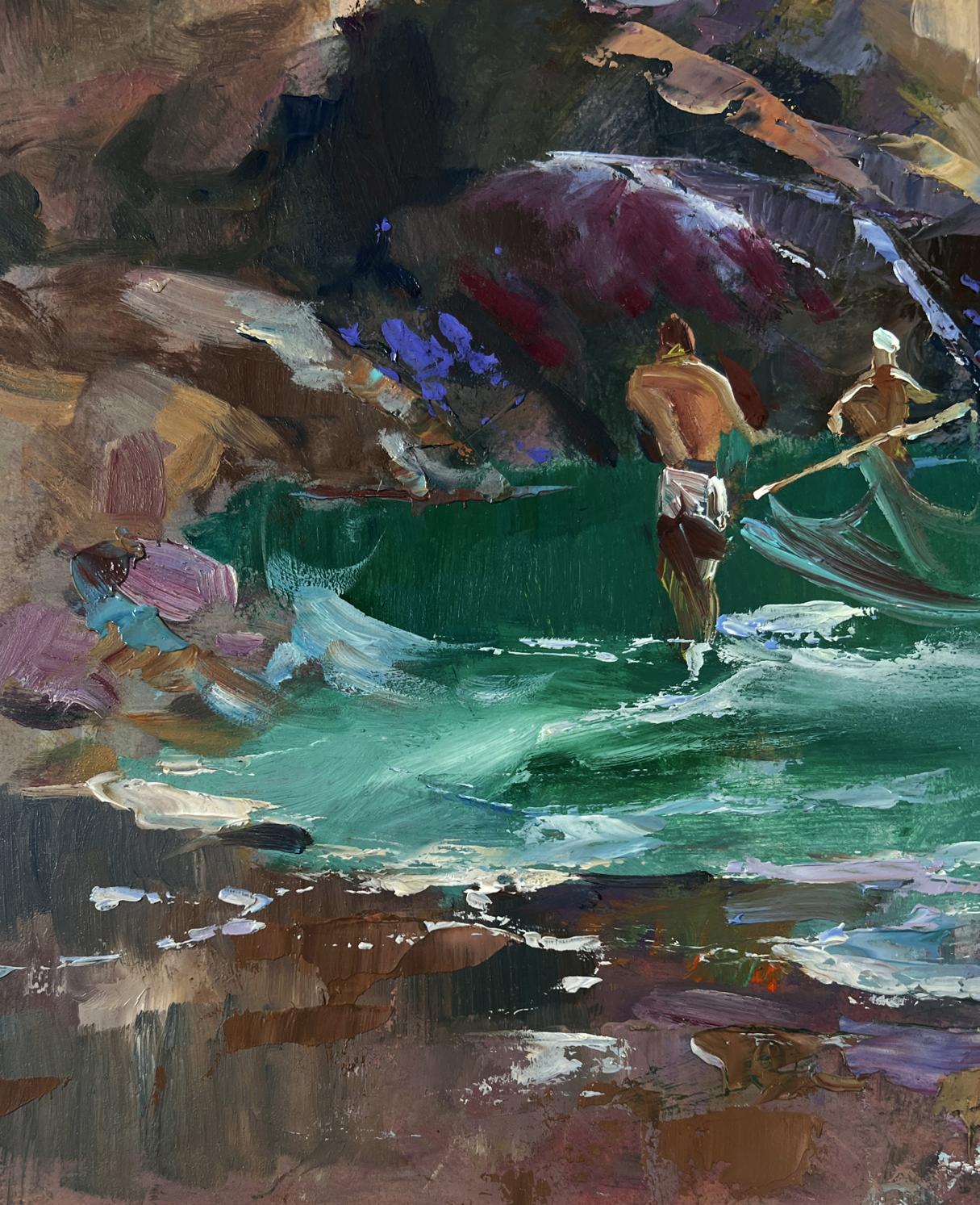 Vibrant impressionist oil painting by Yuriy Suprunchuk of fishermen pulling nets in teal coastal sea