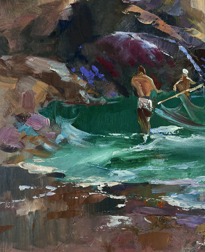Vibrant impressionist oil painting by Yuriy Suprunchuk of fishermen pulling nets in teal coastal sea