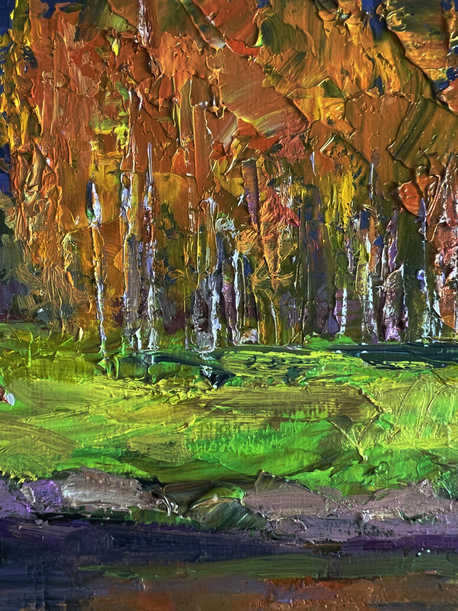 Oil painting Autumn on the shore river by Boris Serdyuk, vibrant trees