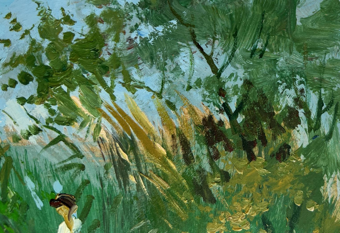 Vibrant impressionist oil painting by Yuriy Suprunchuk with green trees, golden grasses, blue sky