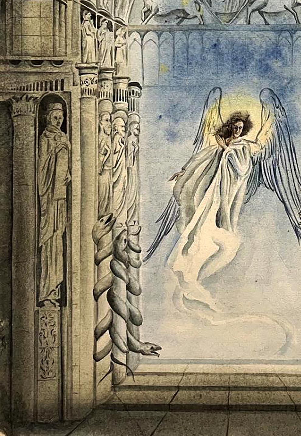 Luminous winged angel in white robes with golden halo by Dmytro Startsev watercolor