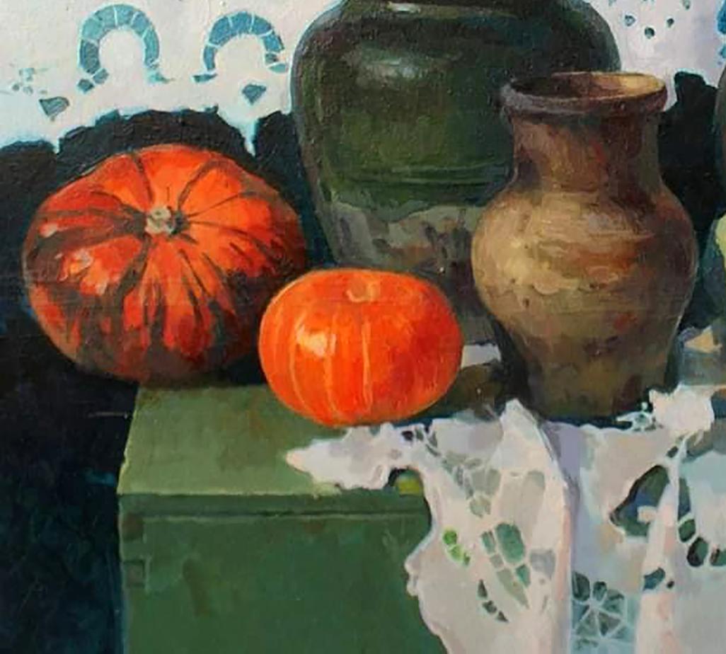 Oil painting of vibrant ribbed orange pumpkins on green wood by Anastasia Yaroshevich