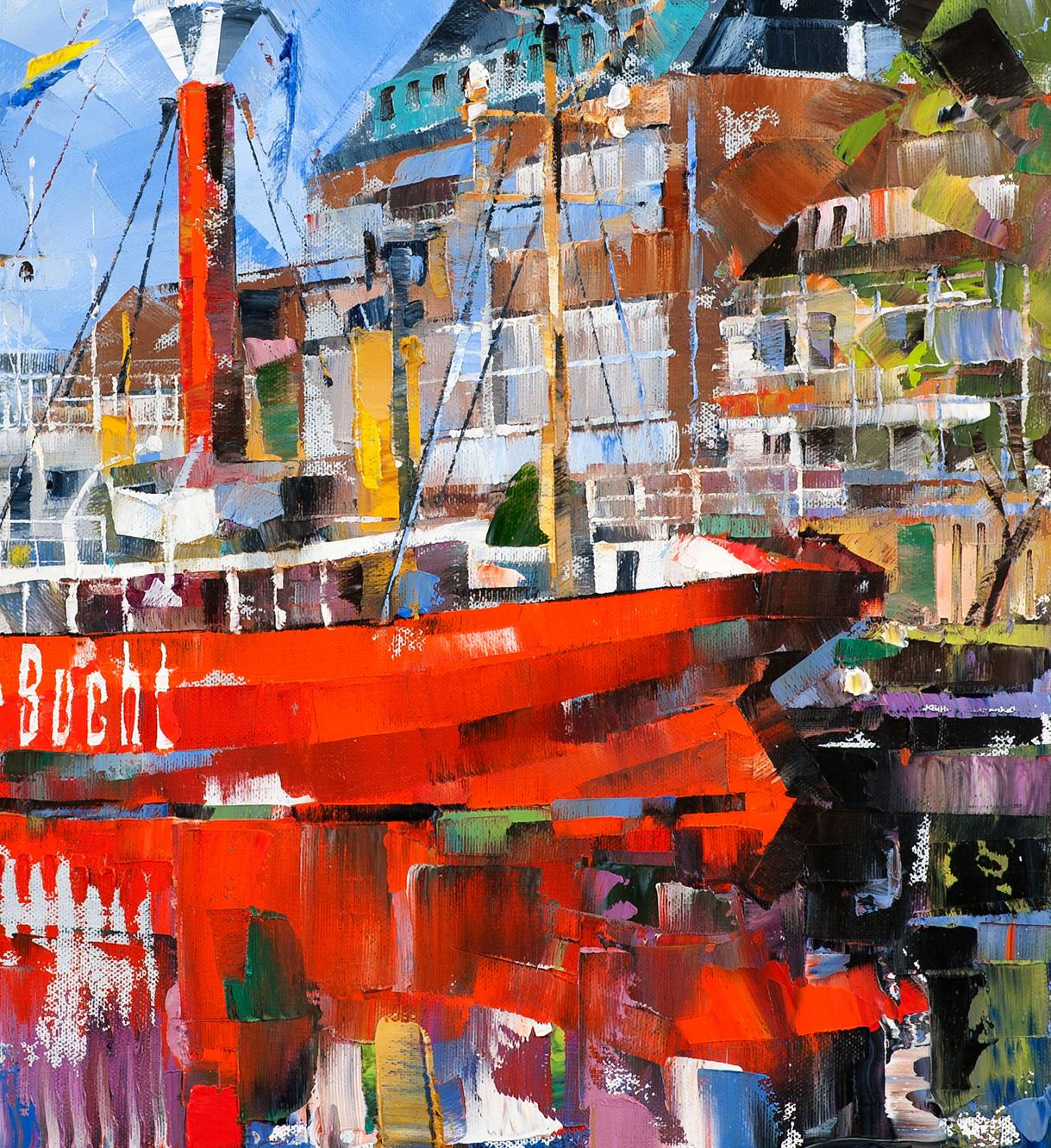 Vibrant red cargo ship oil painting by Volodymyr Gluhomanyuk