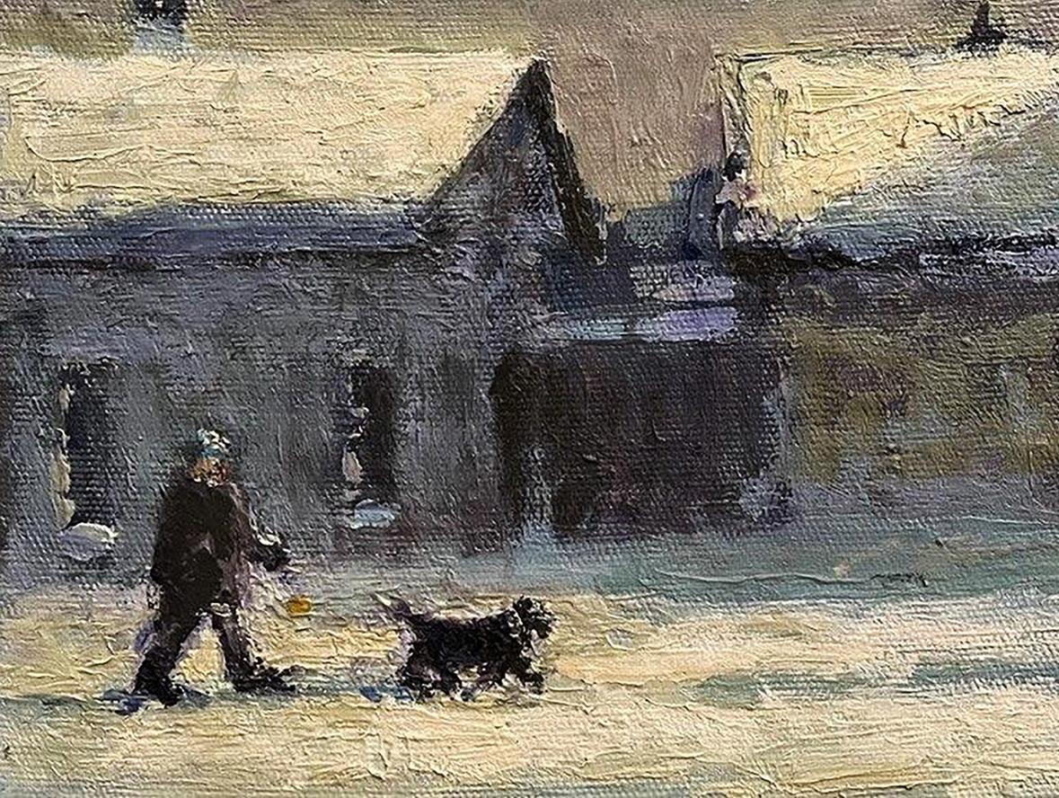 Oil painting Winter walk by Volodymyr Pashchenko: dark figure and curly dog in snow