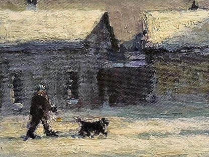 Oil painting Winter walk by Volodymyr Pashchenko: dark figure and curly dog in snow