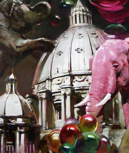 Vibrant pink elephant with white tusks by silver dome in Ed Potapenkov oil painting Show Must Go On