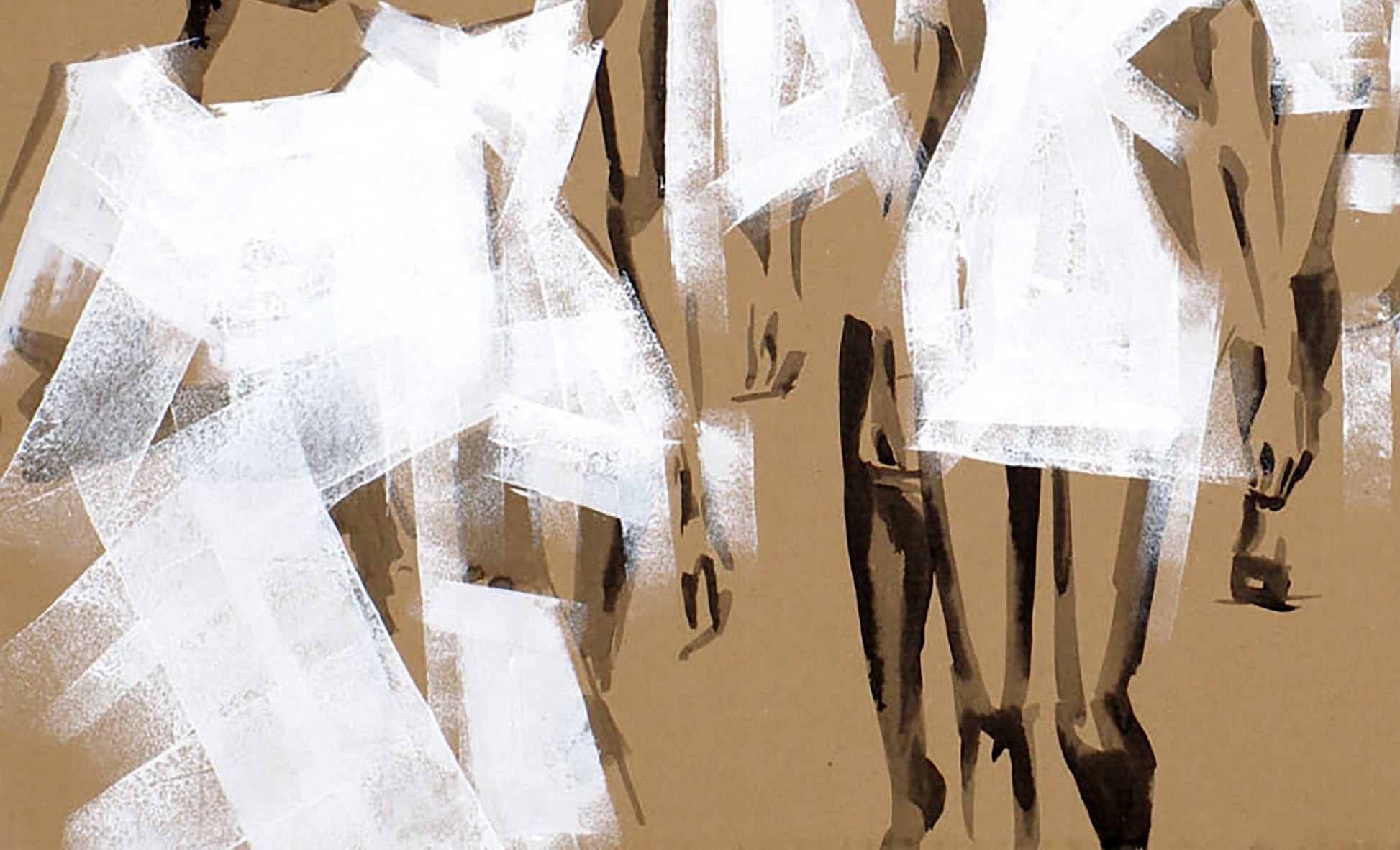 Abstract acrylic painting Divergence by Dima Filatov, white brown figures