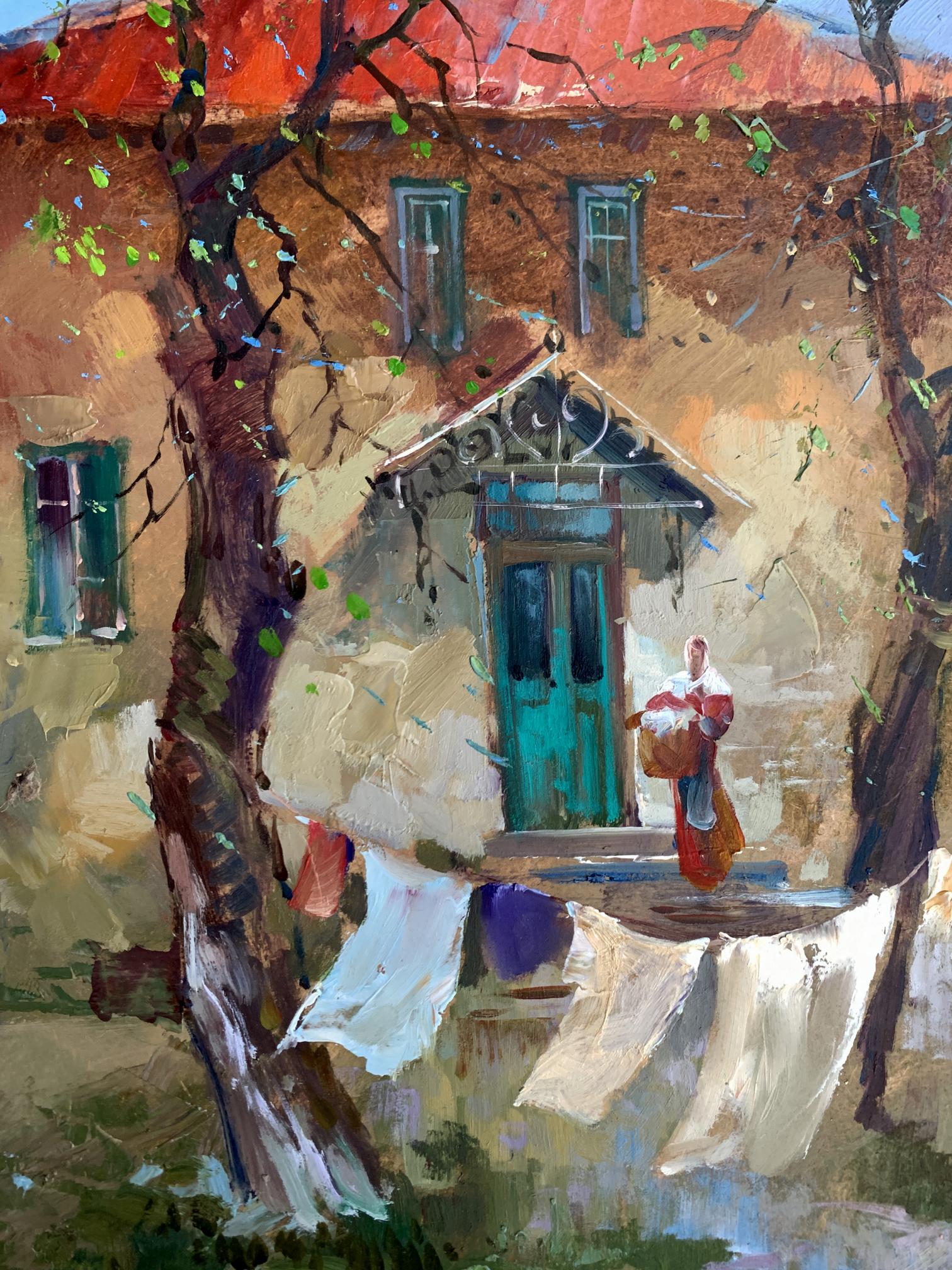 Oil painting A light breeze in the yard by Yuriy Suprunchuk rustic house scene