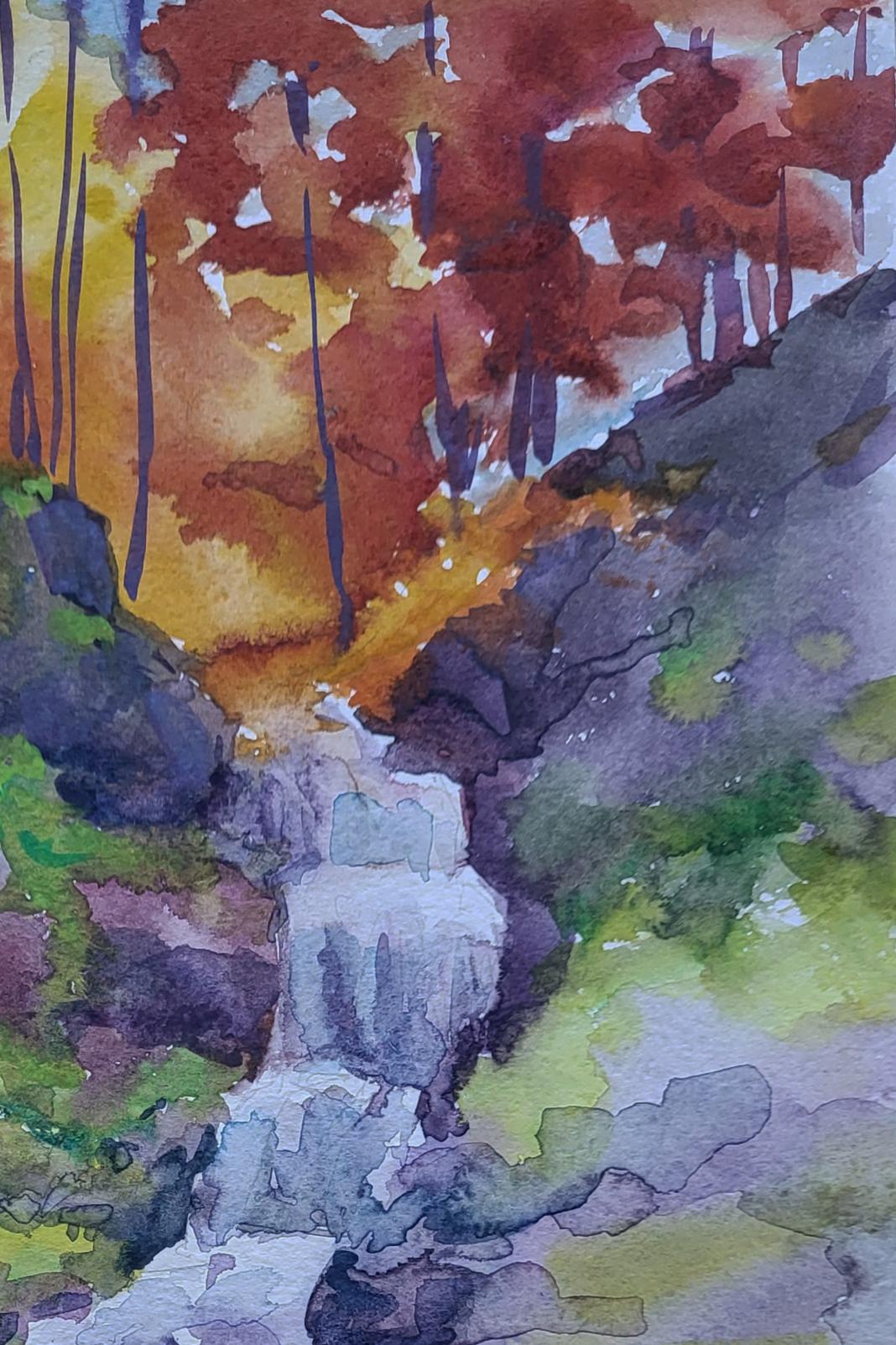 Watercolor painting Whispering Stream by Boris Serdyuk: autumn waterfall
