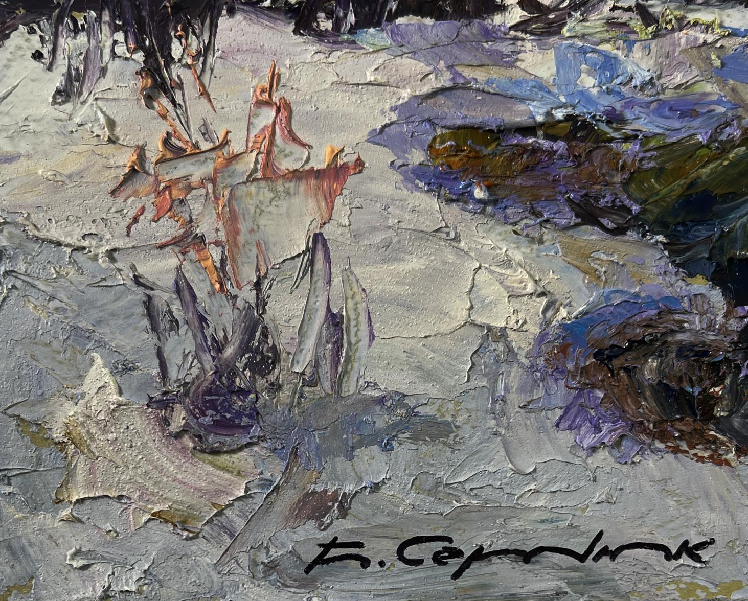 Oil painting Winter stream by Boris Serdyuk with gray, purple, orange strokes