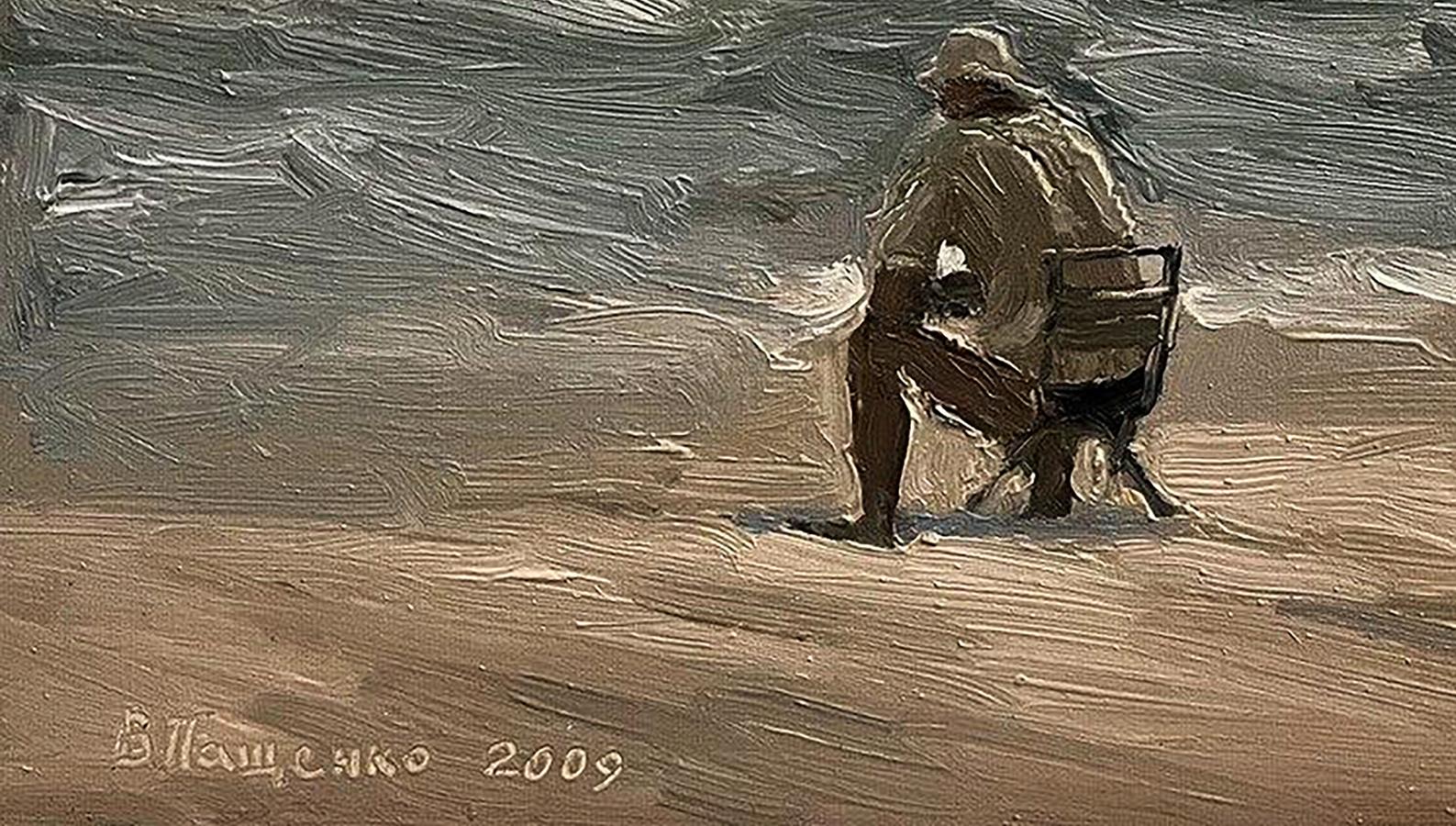 Oil painting Alone on the beach by Volodymyr Pashchenko, stormy seascape
