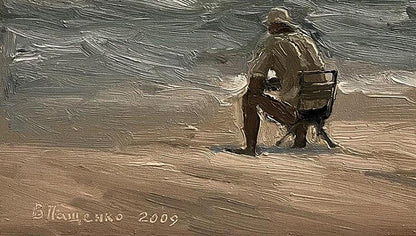 Oil painting Alone on the beach by Volodymyr Pashchenko, stormy seascape