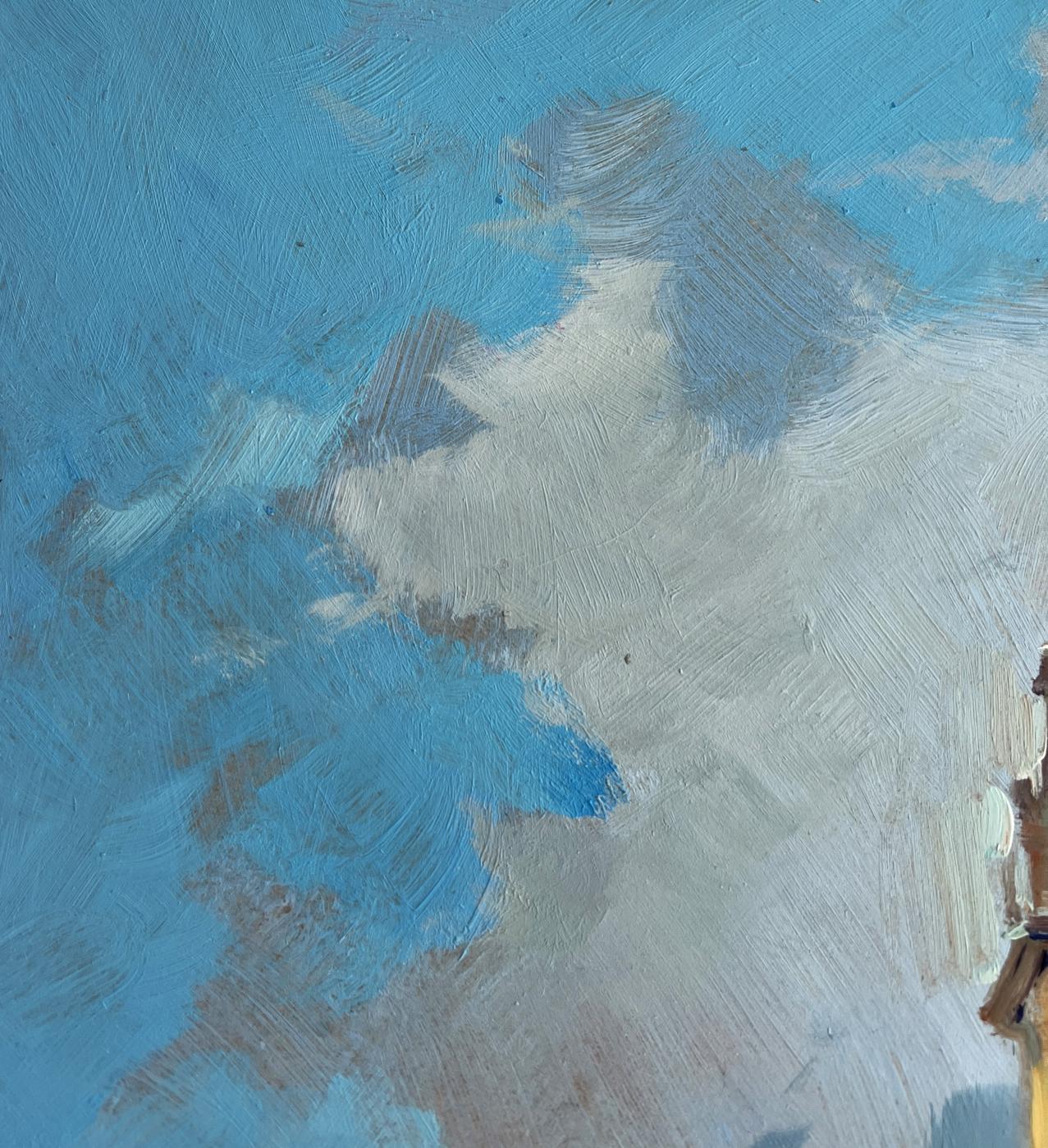 Textured oil painting of quiet pier near city by Yuriy Suprunchuk