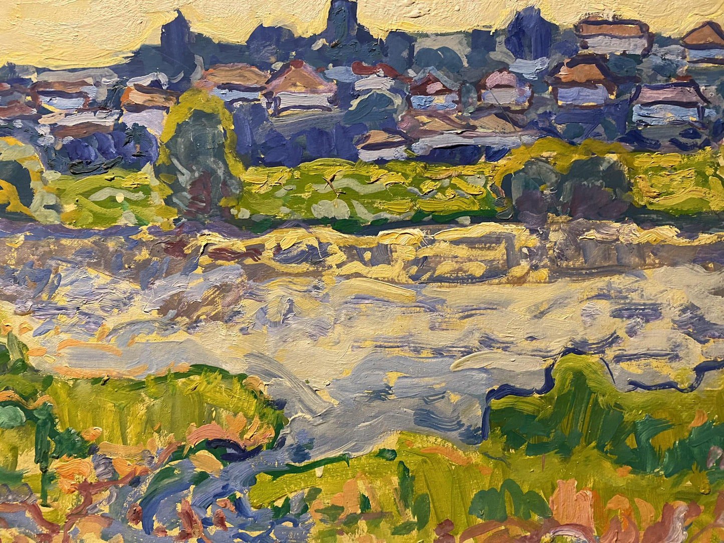 Oil painting Morning in the village by Georgy Kolosovsky vibrant impasto hills