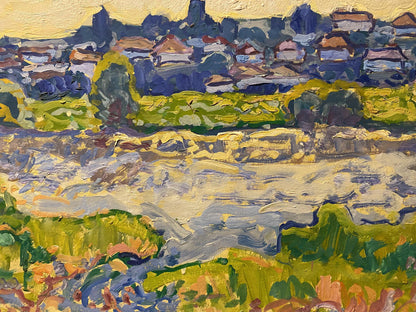 Oil painting Morning in the village by Georgy Kolosovsky vibrant impasto hills