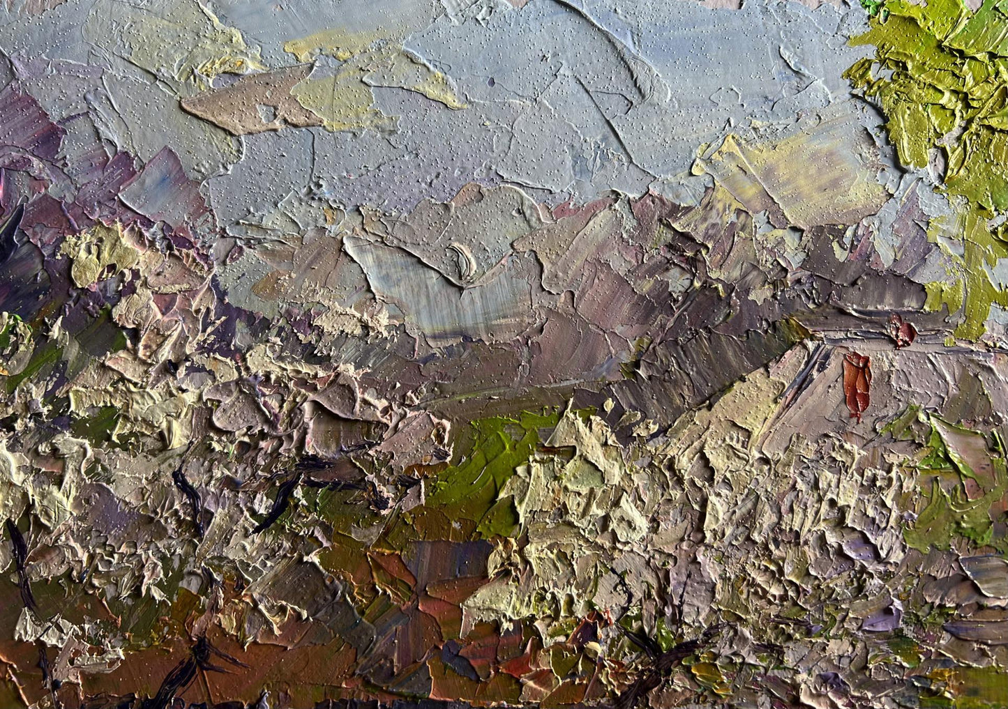 Oil painting of cherry blossoms by Boris Serdyuk in textured muted tones