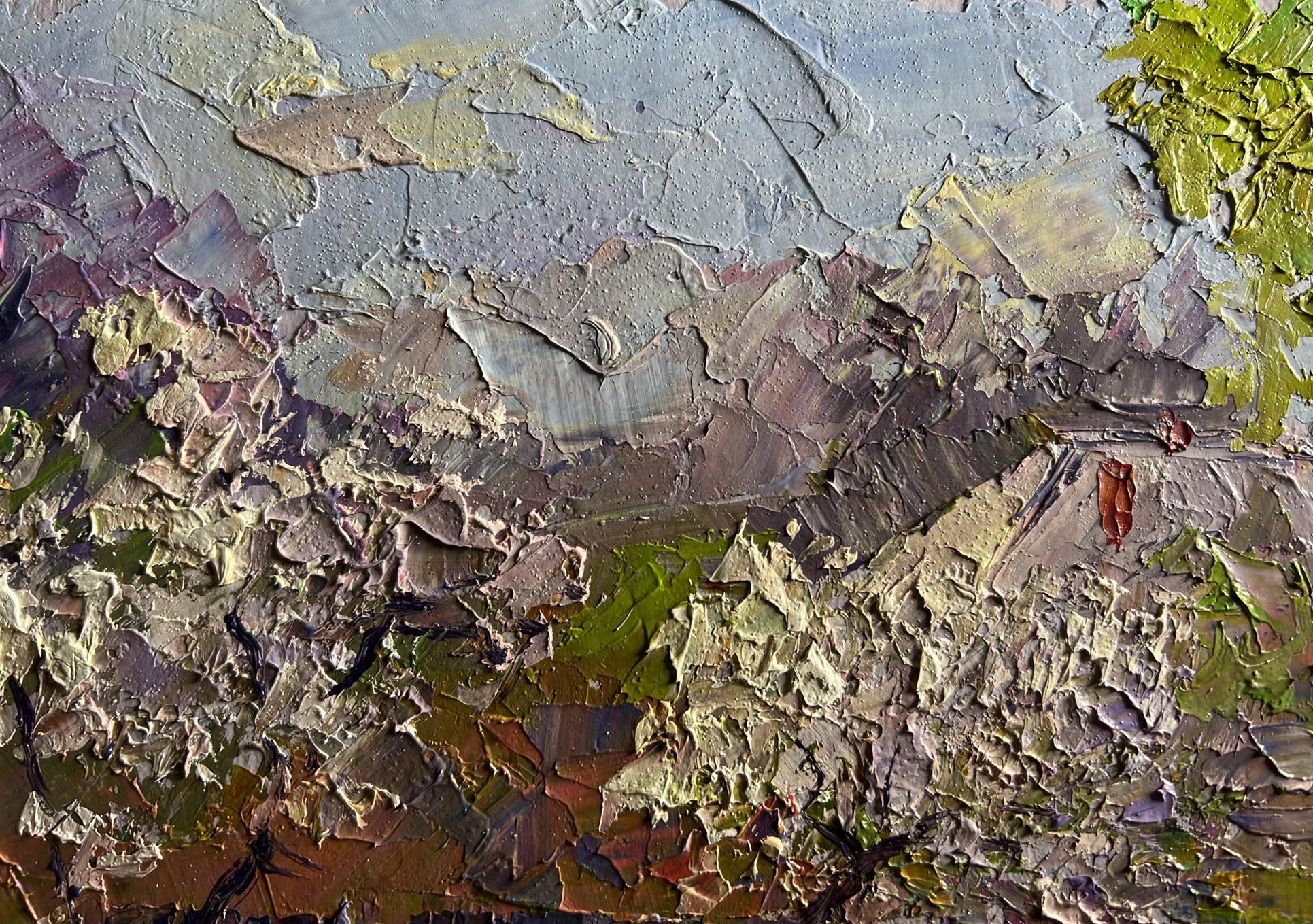 Oil painting of cherry blossoms by Boris Serdyuk in textured muted tones
