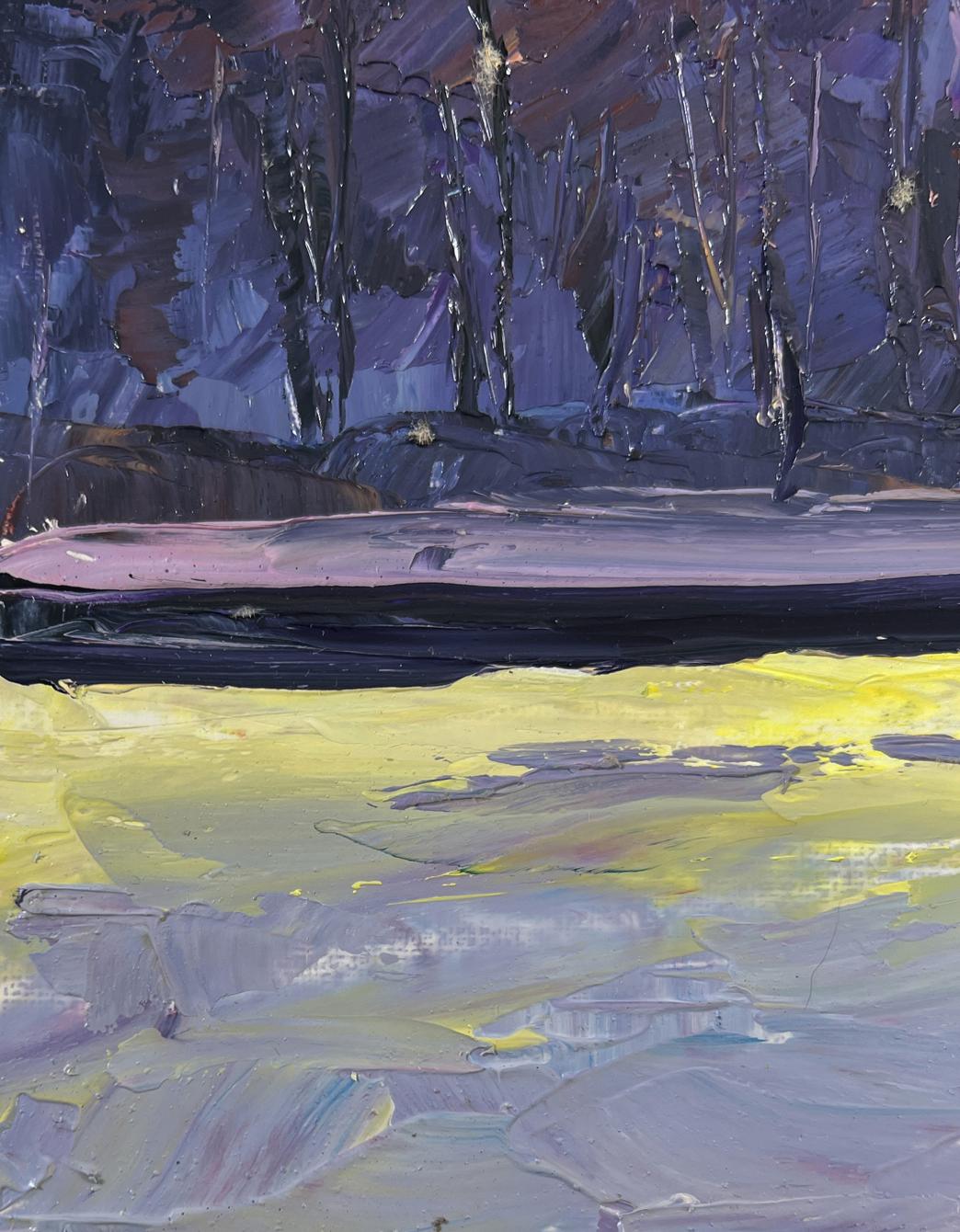 Oil painting The city never sleeps by Boris Serdyuk, abstract purple blue trees yellow water