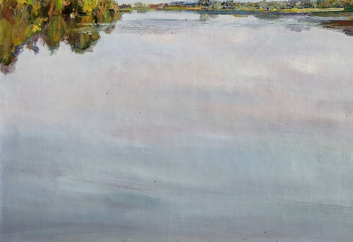 Serene oil painting Silence by Leonid Pavlenko: calm lake in blues and grays