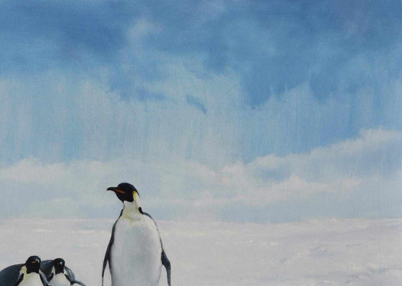 Majestic emperor penguin oil painting by Oleg Kateryniuk in snowy landscape