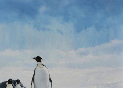 Majestic emperor penguin oil painting by Oleg Kateryniuk in snowy landscape