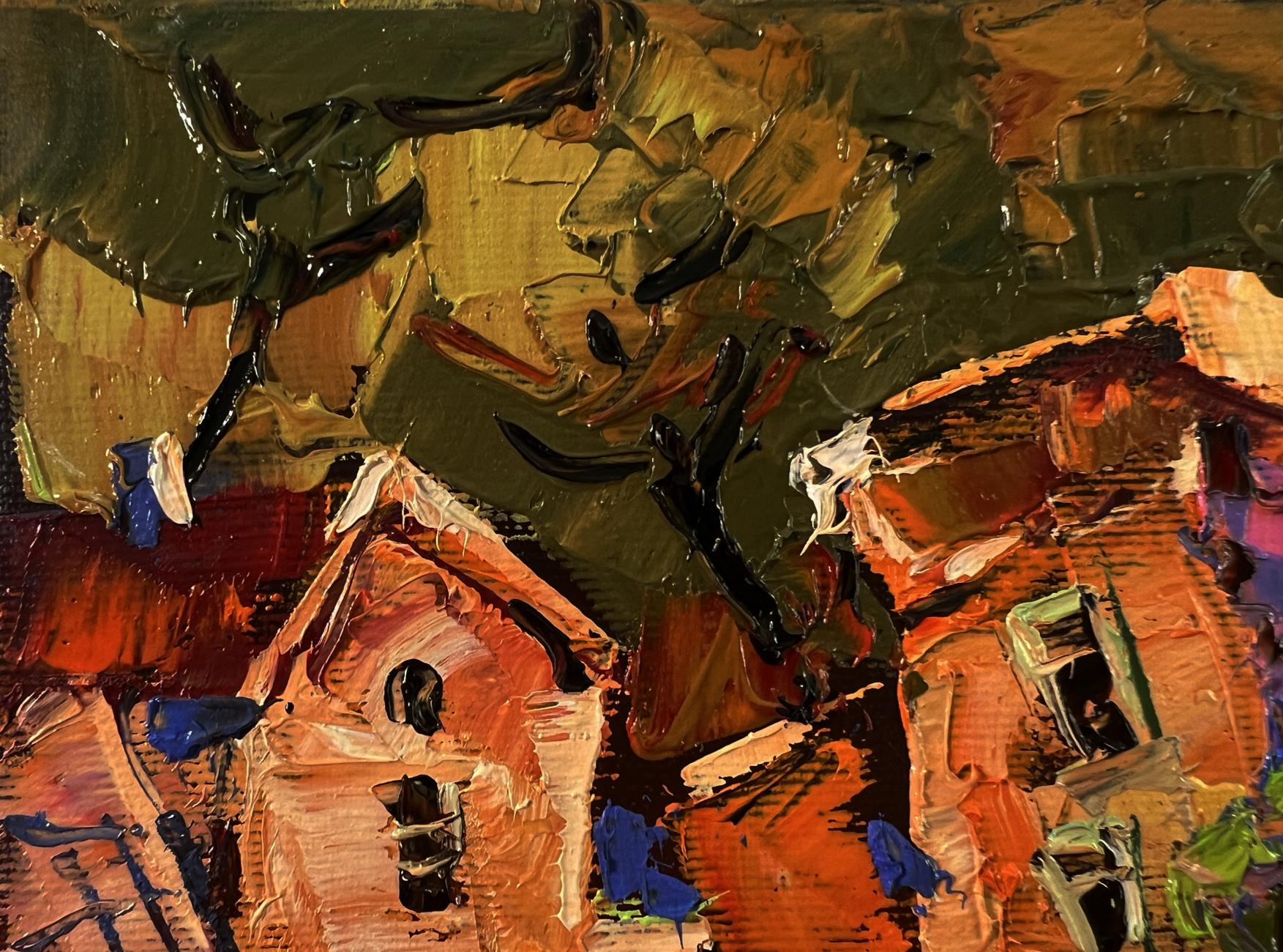 Impasto oil painting of evening city street by Oleksiy Ivanyuk