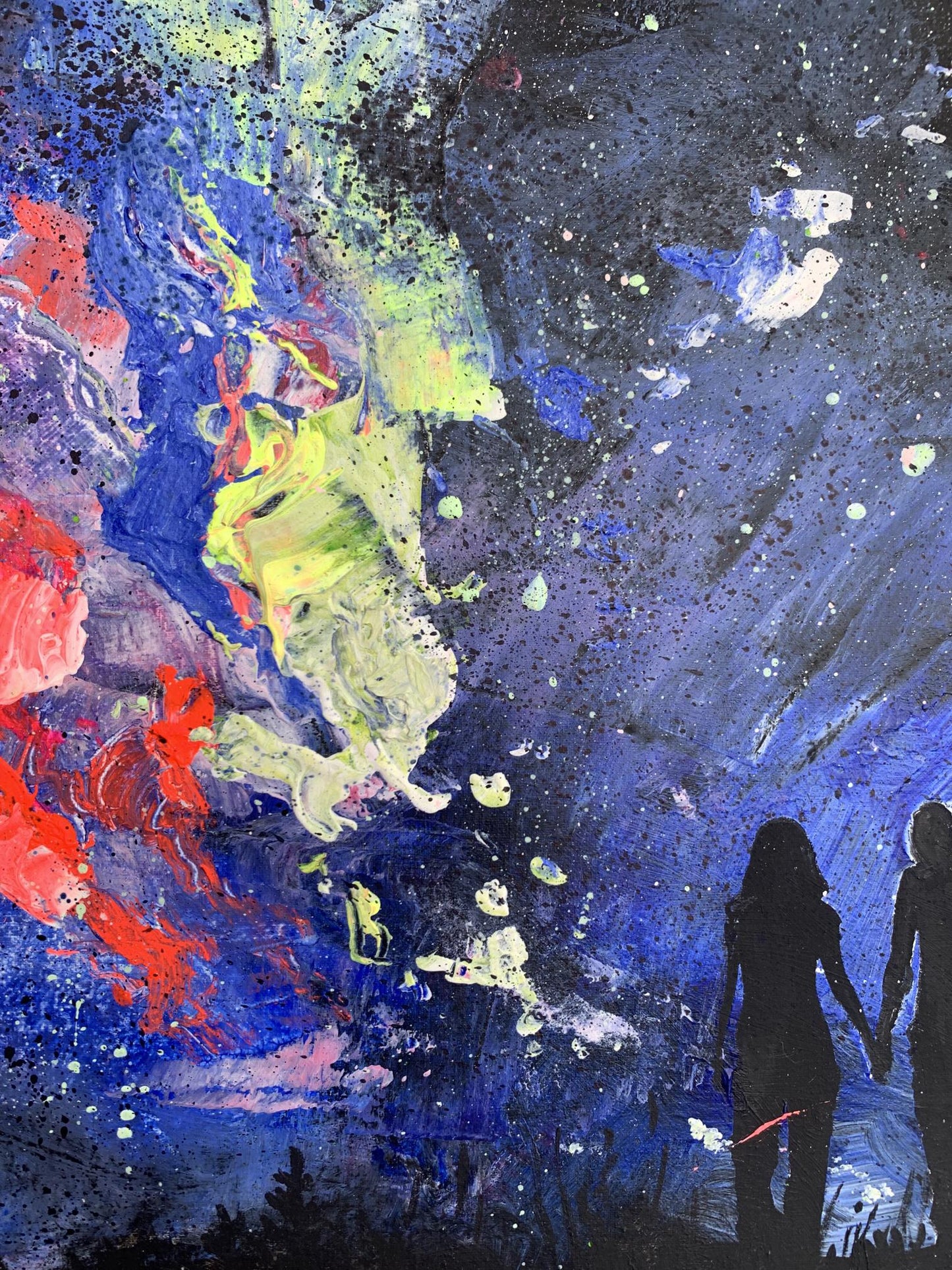 Oil painting Love night by Tatyana Derdey: vibrant blue, red, yellow splashes, silhouetted figures holding hands on dark background
