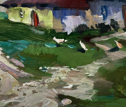 Vibrant impressionist oil painting of Yuriy Suprunchuk village among mountains
