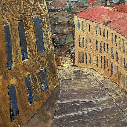 Oil painting of textured golden-yellow city alley by Serhiy Kovalev