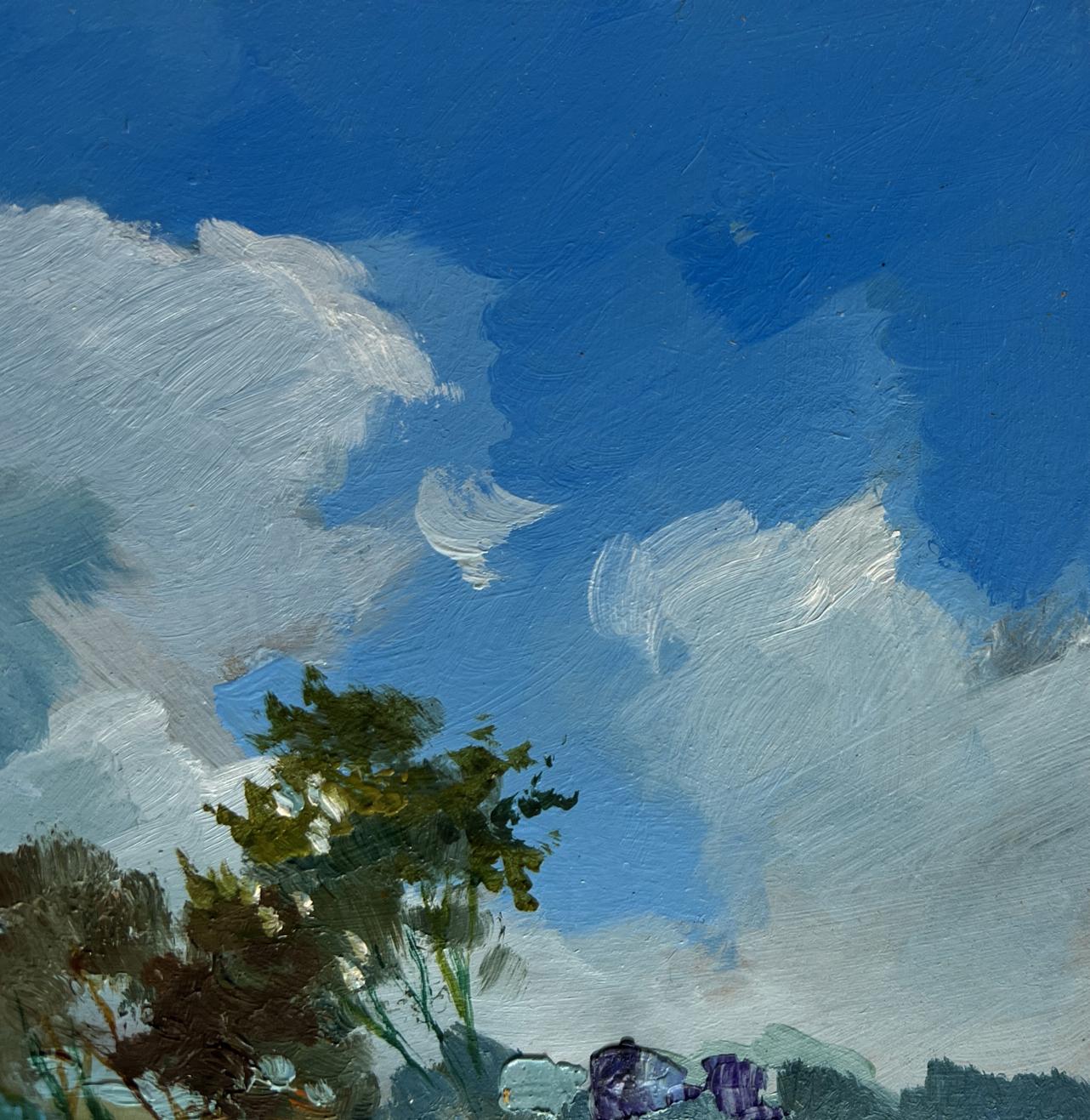 Oil painting In the flower field by Yuriy Suprunchuk with blue sky and foliage