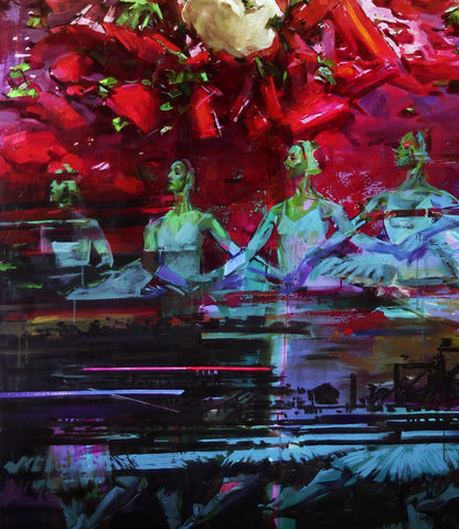Vibrant Borsch Ed Potapenkov oil painting of three ballerinas in translucent costumes on red green abstract backdrop