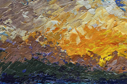 Oil painting Farewell light on the horizon V. Zadorozhnya impasto orange yellow hues