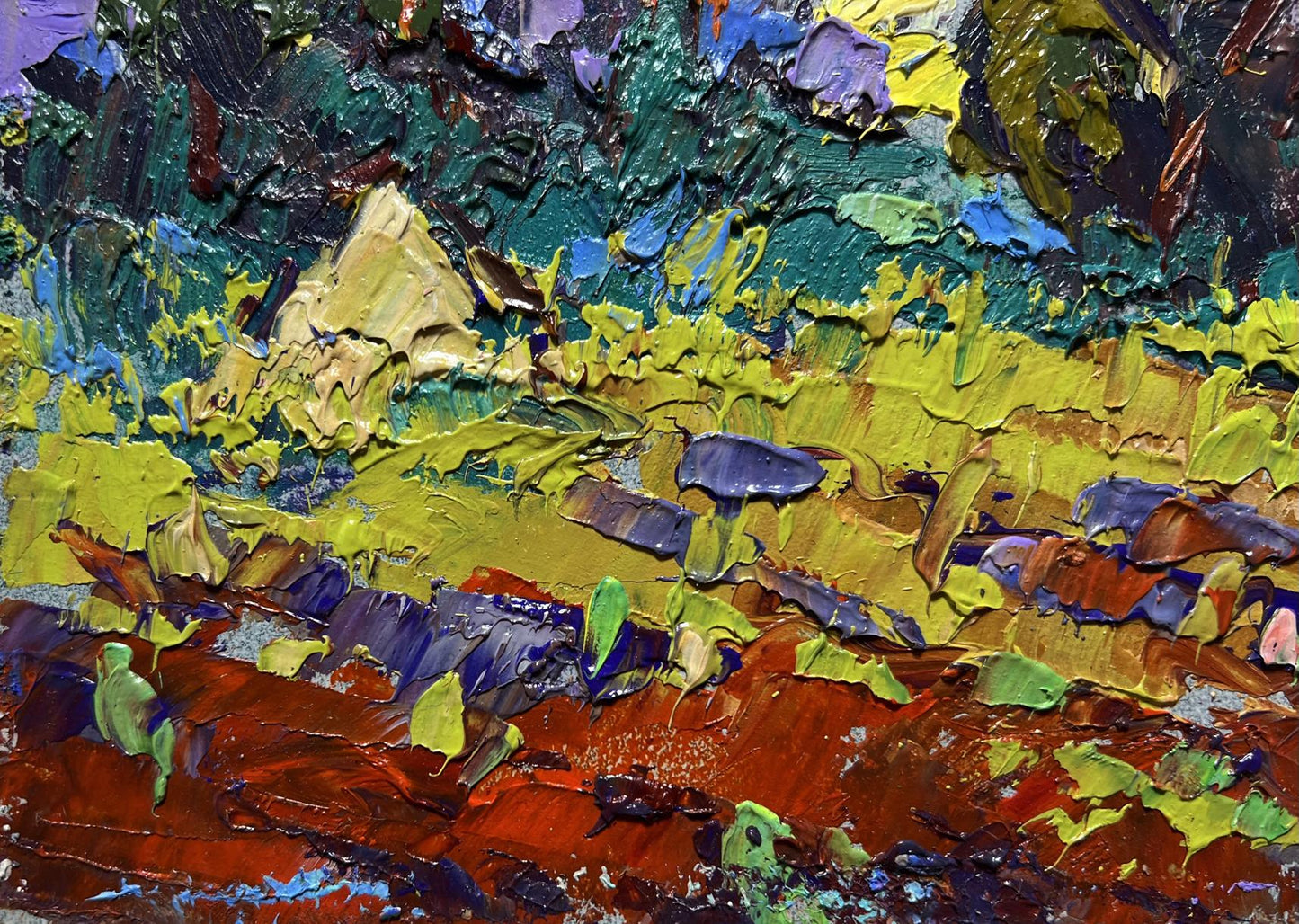 Vibrant impressionist oil painting of plowed field and haystacks by Oleksiy Ivanyuk