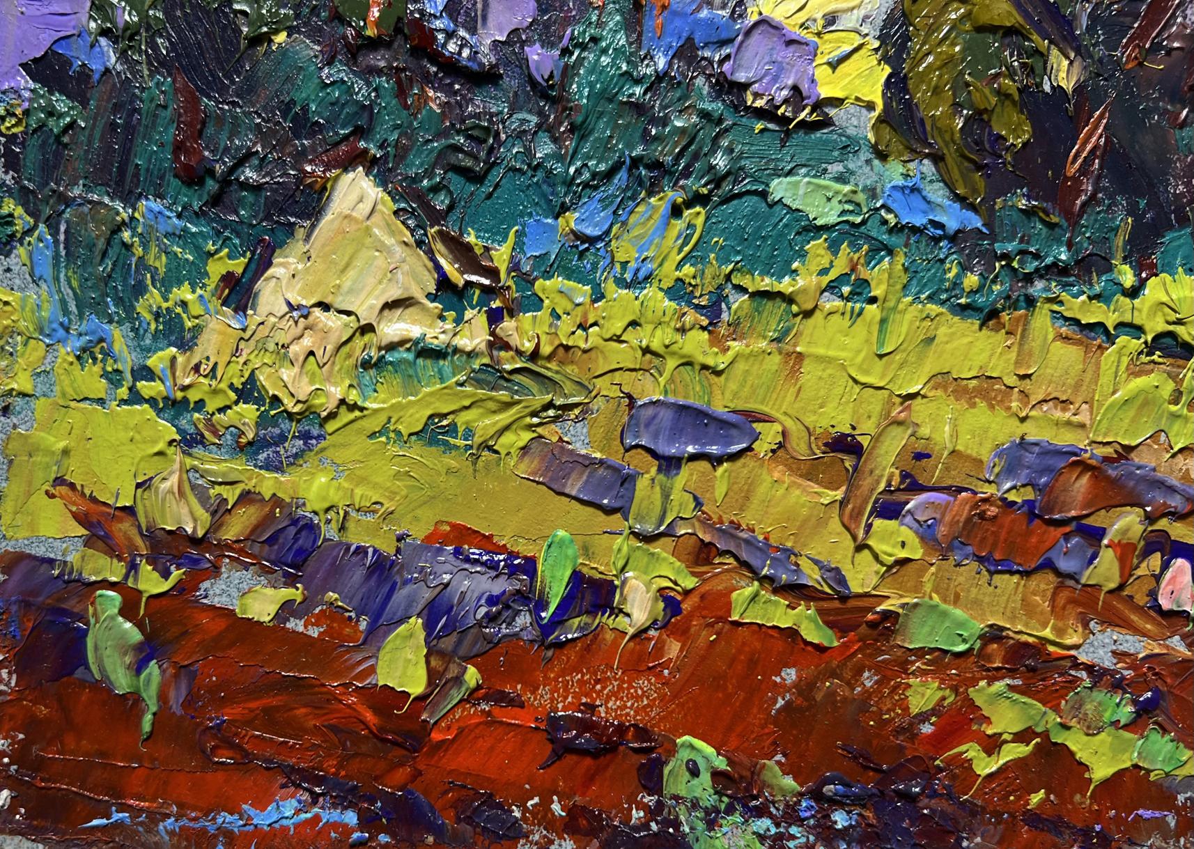 Vibrant impressionist oil painting of plowed field and haystacks by Oleksiy Ivanyuk