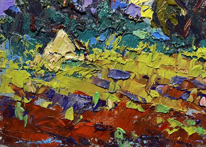 Vibrant impressionist oil painting of plowed field and haystacks by Oleksiy Ivanyuk