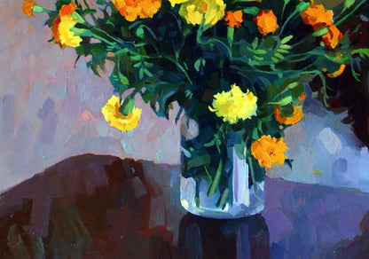 Oil painting of orange yellow marigolds in vase by Anastasia Yaroshevich