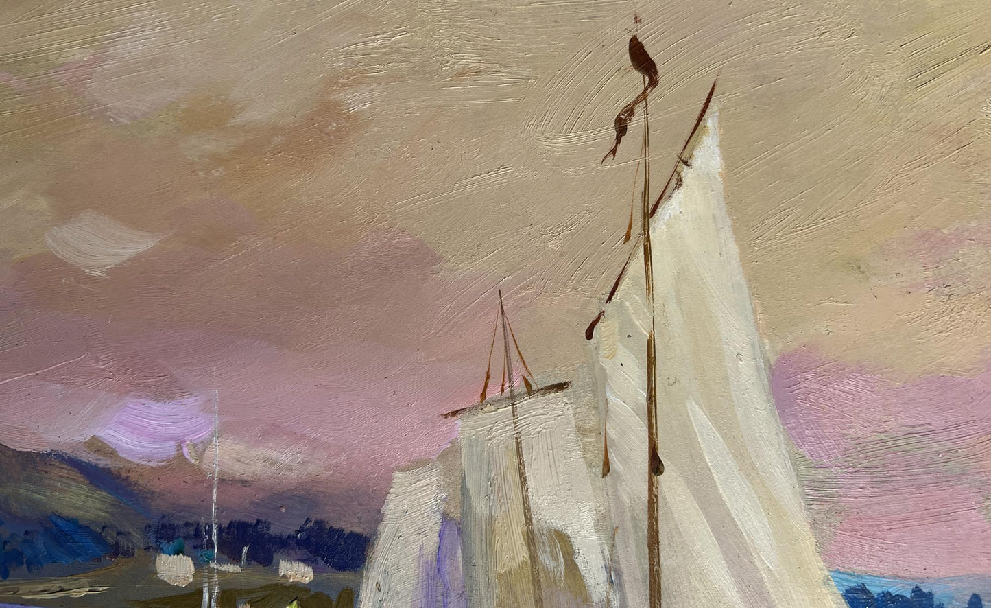 Oil painting of white sailboat in Scarlet sunset by Yuriy Suprunchuk
