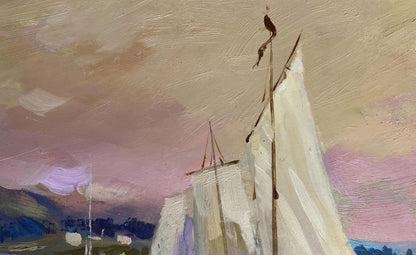 Oil painting of white sailboat in Scarlet sunset by Yuriy Suprunchuk